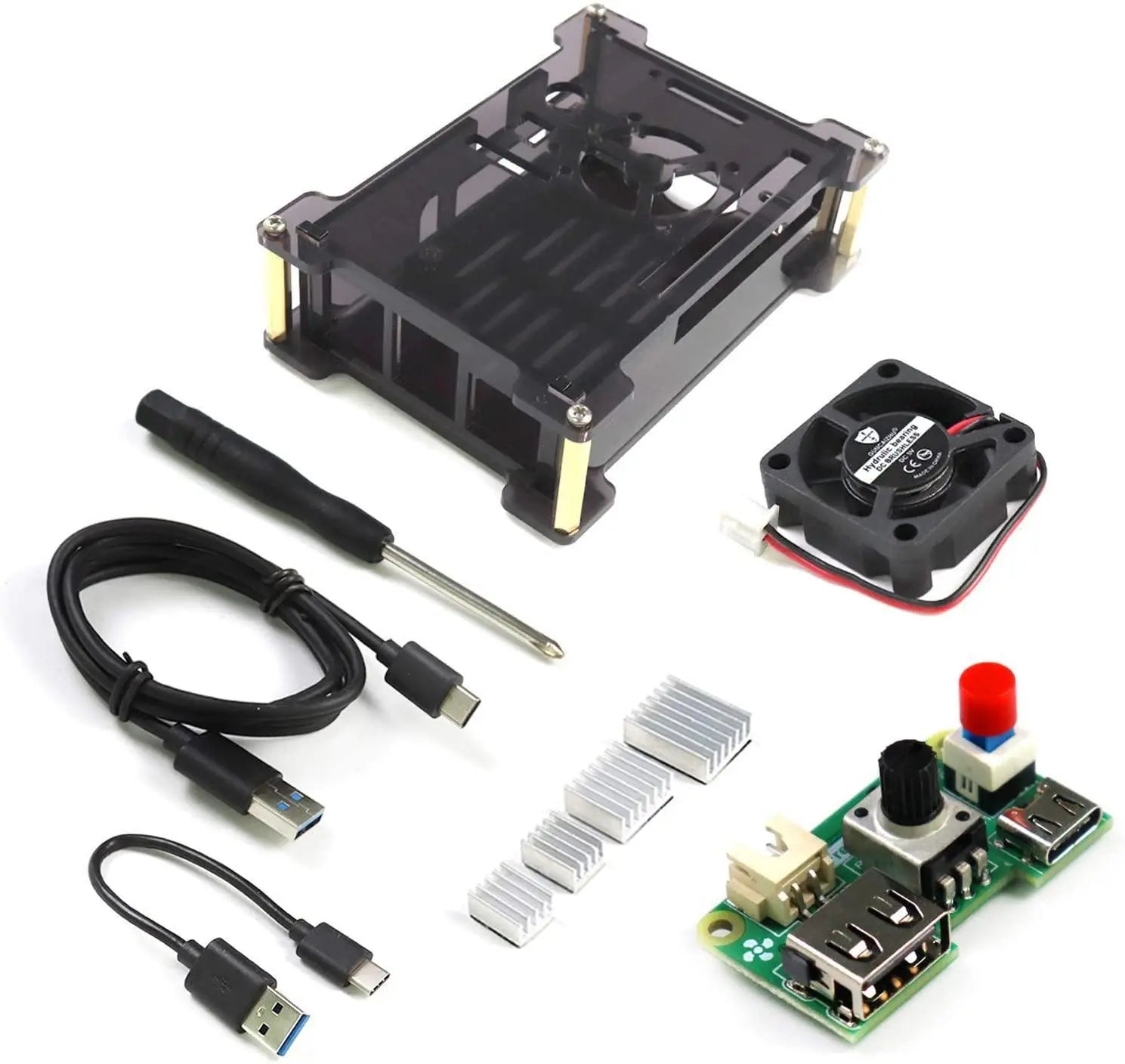 Gehäuse Kit für Raspberry Pi 4 B mit einstellbarem Lüfter, Netzschalter, Acryl-Schutzhülle, USB-Kabel