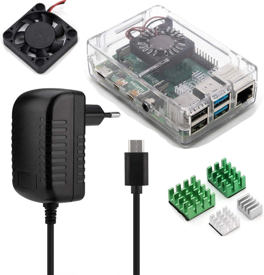 Günstig Raspberry Pi Gehäuse Kit (4in1) mit Netzteil, Kühlkörper, Lüfter für Pi 4 Model