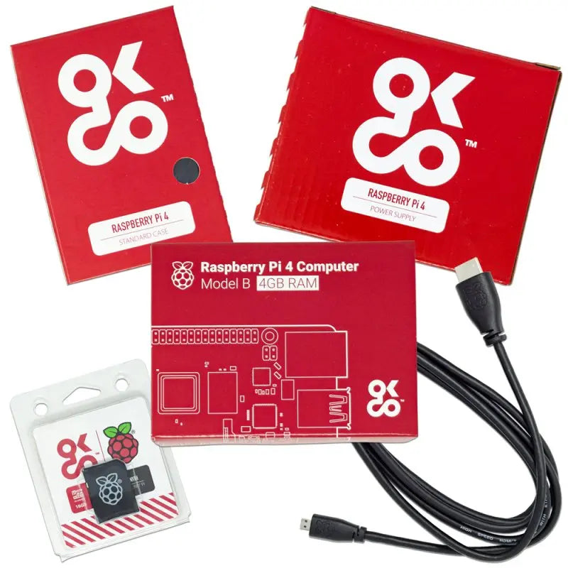 OKdo Raspberry Pi 4 Model B 4GB Basis-Kit, Netzteil, Kabel, Gehäuse, SD Karte