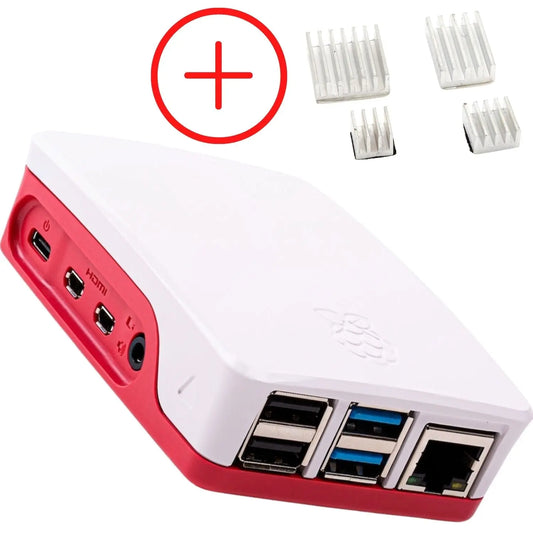 Offizielles Gehäuse rot/weiß und Premium Kühlkörpersatz für Raspberry Pi 4