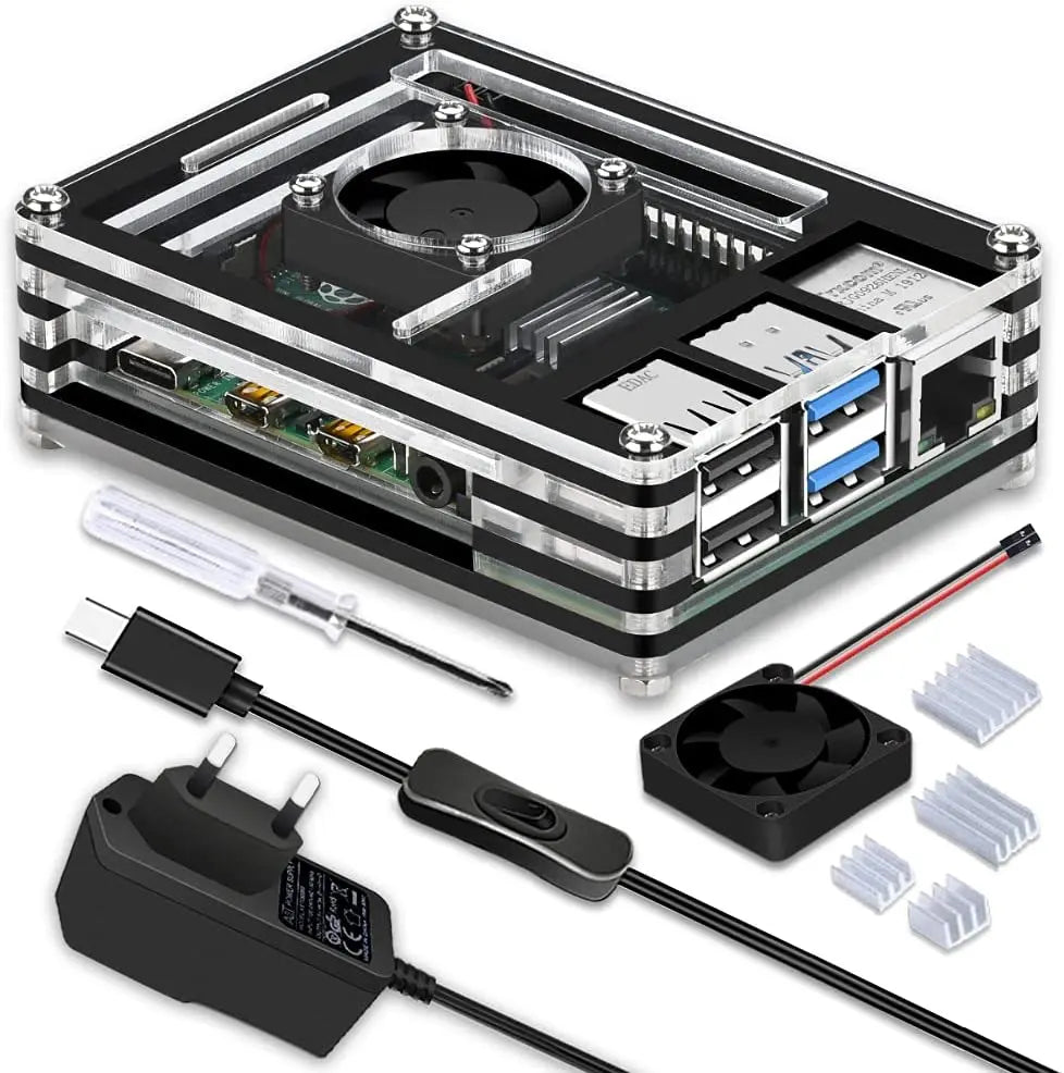 Raspberry Pi 4 Gehäuse Lüfter, USB-C Netzteil, Kühlkörper (Schwarz und Klar)